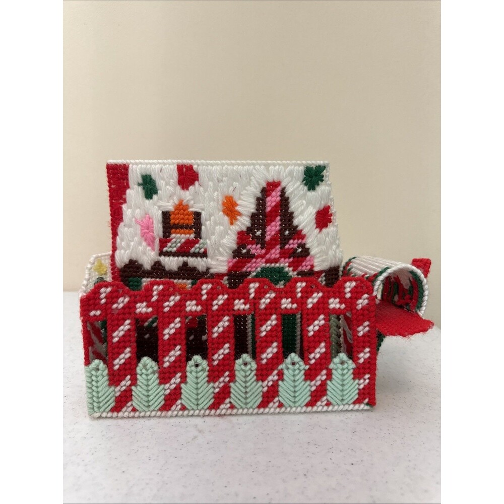 VTG Christmas Holiday House Mailbox Card Holder Plastic Canvas Needlepoint